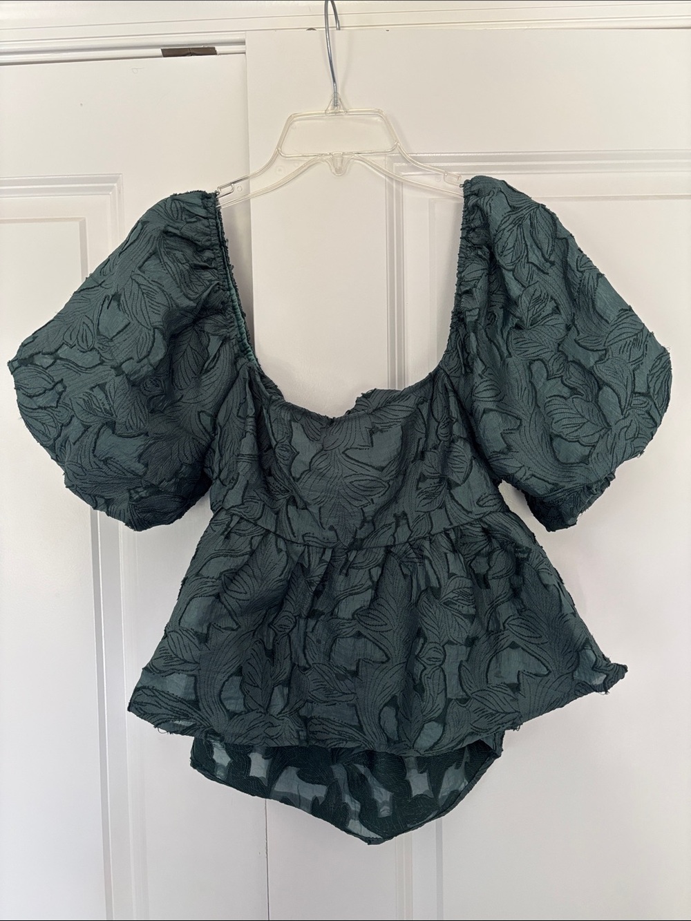 Altar'd State Dark Teal Textured Puff-Sleeve Peplum Top